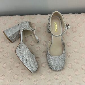 X2B Sequin Beaded Block Heels with Ankle Strap Silver Sparkle Size 7.5
